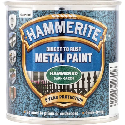 Image of Hammerite 5084831 Direct to Rust Metal Paint Hammered Dark Green Finish 250ML