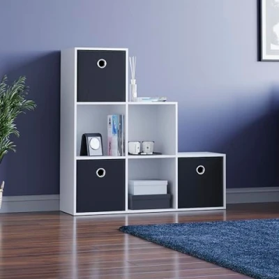 Image of Vida Designs Durham Staircase Bookcase Shelves Storage Organiser Living Room Furniture (6 Cube &amp; 3 Black Baskets, White)