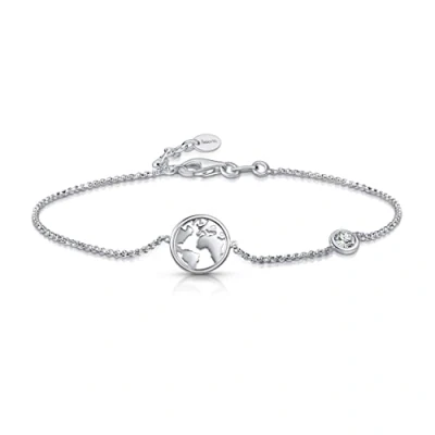 Image of Amberta Women 925 Sterling Silver Travel Bracelet: Bracelet with World Map Charm and Cubic Zirconia