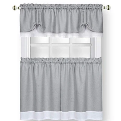 Image of Achim Home Furnishings Soft Window Tier &amp; Valance Set, Polyester, Grey/White, 36&quot; W x 58&quot; L (Pack of 1)