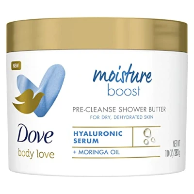Image of Dove Body Love Moisture Boost with hyaluronic acid serum and moringa oil Pre Cleanse Shower Butter skin care for dry 283 g (Pack of 3)