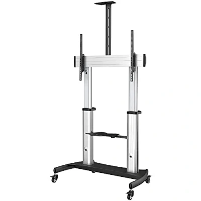 Image of StarTech.com Mobile TV Stand Heavy Duty Cart for 60 100&quot; Display (100kg/220lb) Height Adjustable Rolling Flat Screen Floor Standing on Wheels Universal Television Mount w/Shelves (STNDMTV100)
