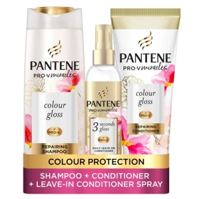 Image of Pantene Colour Shampoo and Conditioner Set + Leave In Spray With Biotin Niacinamide, Transform Damaged Coloured Hair From Dull To Glossy 1 Use, 400/275 / 145ml