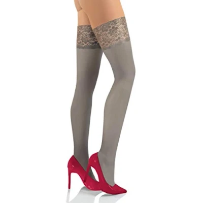 Image of Sesto Senso Womens Hold Ups Stockings 50 Denier Microfiber Opaque Sexy Lace Top 3XL/4XL Grey