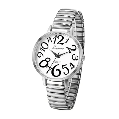 Image of JewelryWe Women&#039;s Big Dial Easy Reader Watch Gold/Silver Tone Elastic Stretch Band Wristwatch, for Xmas