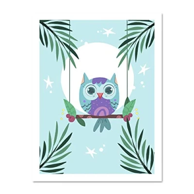 Image of Wee Blue Coo Kawaii Owl Swing Large Framed Art Print Wall Poster 18x24 inch