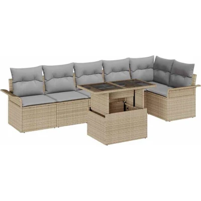 Image of vidaXL 7 Piece Garden Sofa Set with Cushions Beige Poly Rattan