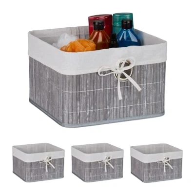 Image of Storage Basket, Set of 2, Bamboo with Fabric Liner, 20x31x31 cm, Handle, Organiser Box, Bathroom, Grey Relaxdays