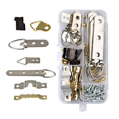 Image of TIMESETL 68pcs Picture Hanger Kit Stainless Steel Heavy Duty D Ring &amp; Serrated Photo Frame Hanging Hooks with Screws and Storage Box