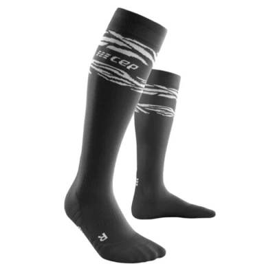 Image of CEP ANIMAL compression KNEE HIGH socks for women Black Sport with and a white tiger stripe pattern Size II