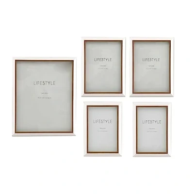 Image of Set Of 5 Natural White Photo Frames Piece Wooden Picture Frame Wall Mounted Multiple