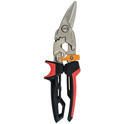Image of Fiskars PowerGear Aviation Snip Left Cut, 40% More Power, Length 24,7cm, Heat Treated Steel Blade/Plastic Handle, Black/Red/Orange, 1027209