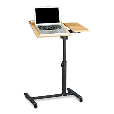 Image of Relaxdays Height Adjustable 95 x 60 40 cm Notebook Stand Also for Lefties Sofa Side Table Laptop Desk with Wheels &amp; Surface Mouse 2 Stop Bars, Oak, Yellow, 40x60x95