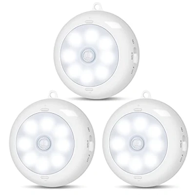 Image of BLS Motion Sensor Light Indoor, AA83 AA Battery Powered Lights, Under Cabinet Light, Led Closet Stick on Wireless Puck Lights for Hallway, Stairway, Basement, Kitchen (3 Packs)