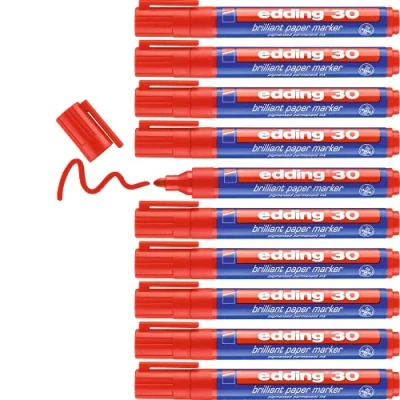 Image of edding 30 brilliant paper marker red 10 waterproof permanent markers round nib 1.5 3 mm vibrant colours lightfast marking on paper, card, cardboard, plastic, metal and glass