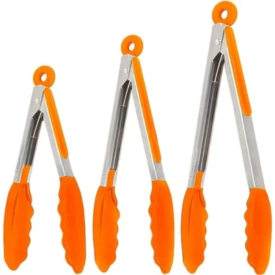 Image of Silicone Kitchen Cooking Tongs Salad Serving BBQ Stainless Steel Handle Utensil (Orange)