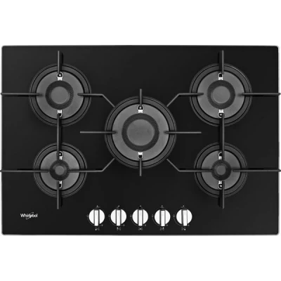 Image of Whirlpool POW75D2NB Built in Gas Hob, With Knobs, 75cm wide, 5 burners, Black