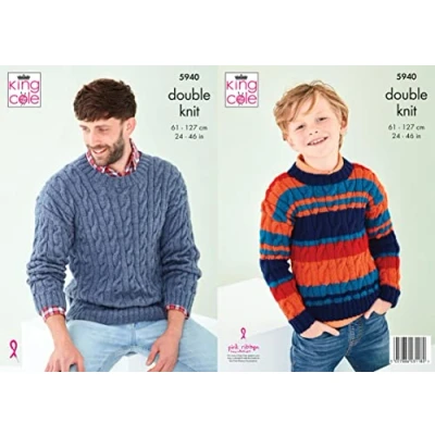 Image of King Cole Mens &amp; Boys DK Knitting Pattern Cable Knit Striped or Plain Sweater (5940), Multi, 24&#039;&#039; 46&#039;&#039;
