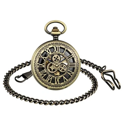 Image of MICGIGI Unisex Mechanical Hand Wind Pocket Watch Gear Skeleton Fob Watches with Chain