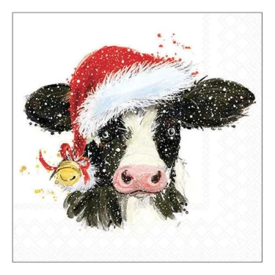 Image of 20 Napkins Christmas Cow with Santa Hat as Table Decoration Paper Motif Also for Decoupage and 33 x cm