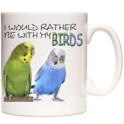 Image of BUDGERIGAR MUG, I Would Rather Be with My Birds. Lovely ceramic gift mug featuring Cute Budgies.