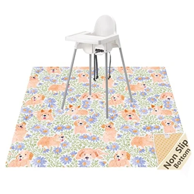 Image of Splat Mat for Under High Chair/Arts/Crafts, Waterproof and Anti Slip Splash Floor Protector, Washable Highchair Mat, 51 Inch Reusable Messy Baby Feeding Table Cloth (Dog)