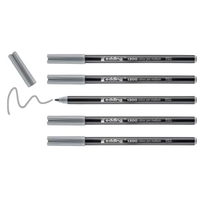 Image of edding 1300 colour pen medium silver grey 5 pens round nib 2 mm felt for drawing and writing school, mandalas, bullet journals