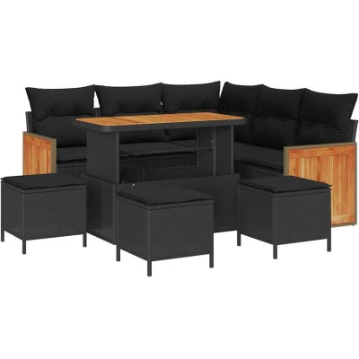 Image of vidaXL 9 Piece Garden Sofa Set with Cushions Black Poly Rattan Acacia