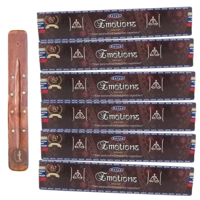 Image of Satya Nag Champa Emotions incense sticks x6 pack with SAMASIA holder Used for Aromatherapy, Spa, Yoga, Weddings, Meditation, Healing, Positivity and Relaxation