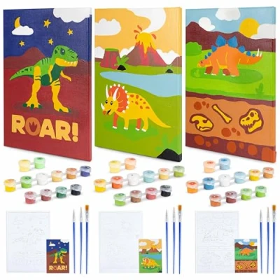 Image of BONNYCO Paint by Numbers for Children Dinosaurs, Pack 3 Canvases Dinosaur Gifts Boys Craft Kits Kids, Girls Toys Painting
