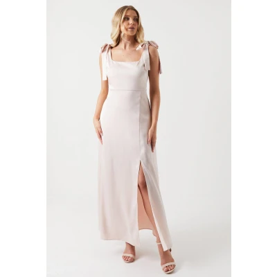 Image of Oasis Womens Satin Tie Shoulder Midi Bridesmaids Dress Blush Size 8 UK