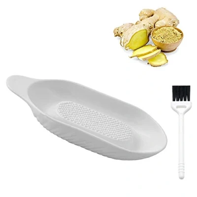 Image of Ceramic Grater Plate, Garlic Grater, Oval with Cleaning Brush, for Ginger, Garlic, Spices, Carrots, Baby Food, Spices (White)