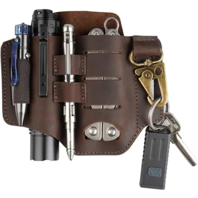 Image of VIPERADE PJ16 EDC Leather Sheath for Belt,Flashlight Holster Knife Sheath,EDC Multitool Men,EDC Pocket Organizer with Keychain Flashlight Pen(Brown)