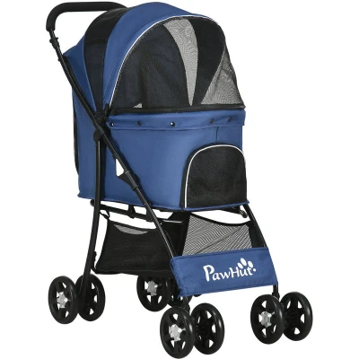 Image of PawHut Dog Pram Stroller Pet Pushchair with Universal Wheels, Brake for Small Dogs Blue
