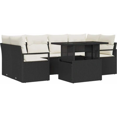 Image of vidaXL 7 Piece Garden Sofa Set with Cushions Black Poly Rattan