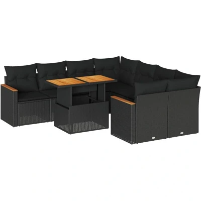 Image of vidaXL 9 piece garden patio sofa set modular black poly rattan outdoor furniture with cushions and storage perfect for terrace/deck