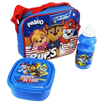 Image of Just Character 3 Piece Lunch Bag with Sandwich Box and Water Bottle Different Cartoon Characters (Paw Patrol)