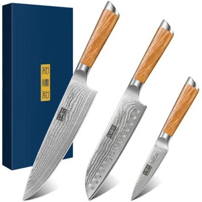 Image of HOSHANHO Damascus Kitchen Knife Set, Ultra Sharp 8&quot; Chef Knife, 7&quot; Santoku 3.75&quot; Paring Professional VG 10 Super Steel Set with Ergonomic Handle