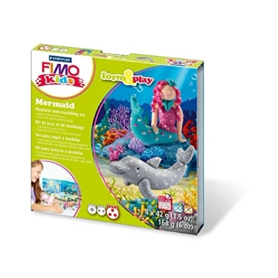 Image of Staedtler 8034 12 LY Fimo Kids Shape &amp; Play Set Mermaid (Super Soft, Oven Hardening Clay, Easy Instructions, Resealable Box, of 4 Blocks, 1 Modelling Stick and Backdrop)