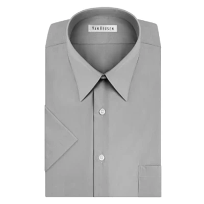 Image of Van Heusen Men&#039;s Short Sleeve Dress Shirt Regular Fit Poplin Solid, Grey Stone, 16&quot; Neck