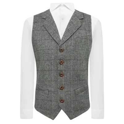 Image of King &amp; Priory Pewter Grey Herringbone Check Waistcoat with Lapel, Medium 40in Chest,