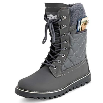 Image of Polar Womens Memory Foam Outside Pocket Inside Zip Thermal Waterproof Deep Tread Rubber Sole Snow Boots Grey Leather UK7/EU40 YC0625