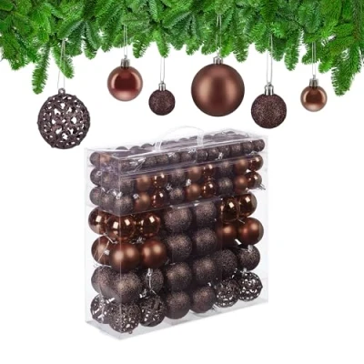 Image of Relaxdays Christmas Baubles Set of 150, Glittering, Matt &amp; Shiny Surfaces, Tree Ornaments, Plastic, ∅ 3, 4 6 cm, Brown, 7 x cm