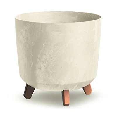 Image of URBN GARDEN Large Round Concrete Look Plastic Planter Flower Pot Indoor Outdoor With Legs (cream)