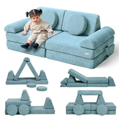 Image of Tutti Bambini Playrama Kids Sofa 10 Piece Modular Play Couch for Kids, Stackable Baby &amp; Toddler Sofa, Corduroy Soft with Machine Washable Covers, Bed from 12+ Months