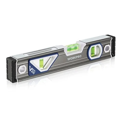 Image of WORKPRO Spirit Level, Professional Torpedo Level 25cm/10 inch, Aluminium Housing with Shock Absorbing Rubber End Caps, Patented Verti site, Double View Design