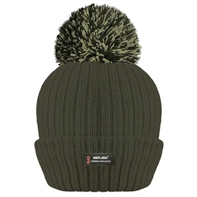 Image of RockJock R40 Ladies Womens Winter POM Ribbed Beanie HAT with Advanced Thermal Insulation 5 Olive