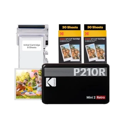 Image of KODAK Mini 2 Retro Christmas Gifts 4PASS Mobile Photo Printer 5.3 x 8.6 cm Pack of 68 Sheets Black