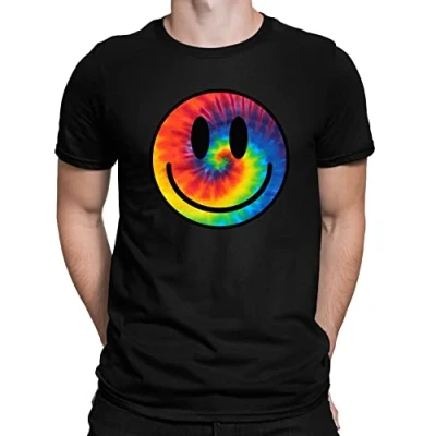 Image of Mens Tie Dye Happy Smile Face Acid Rave T Shirt Black (L)