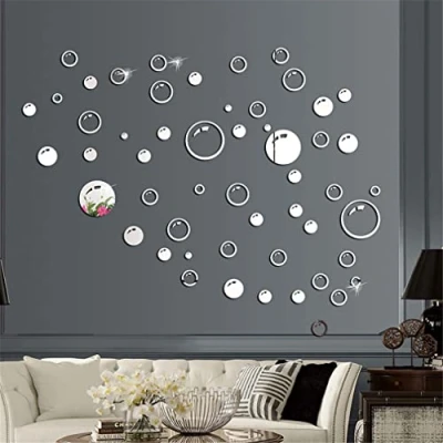 Image of Little Bubble Mirror Wall Stickers, 58 PCS Removable Round Acrylic Stickers Decals, Self Adhesive Circle Plastic Tiles Home Decoration for Living Room Bedroom